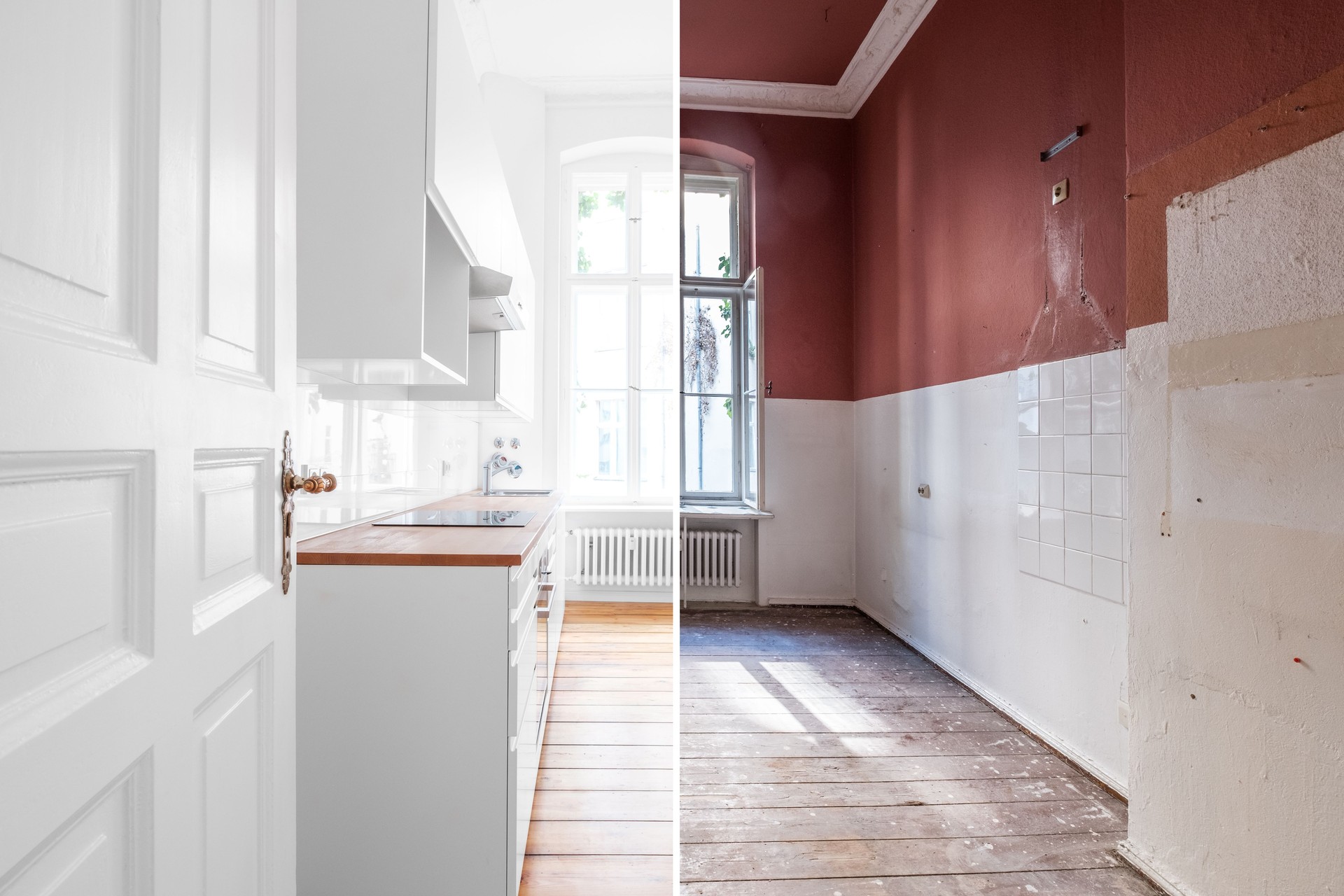 renovation concept - kitchen room before and after refurbishment or restoration  -