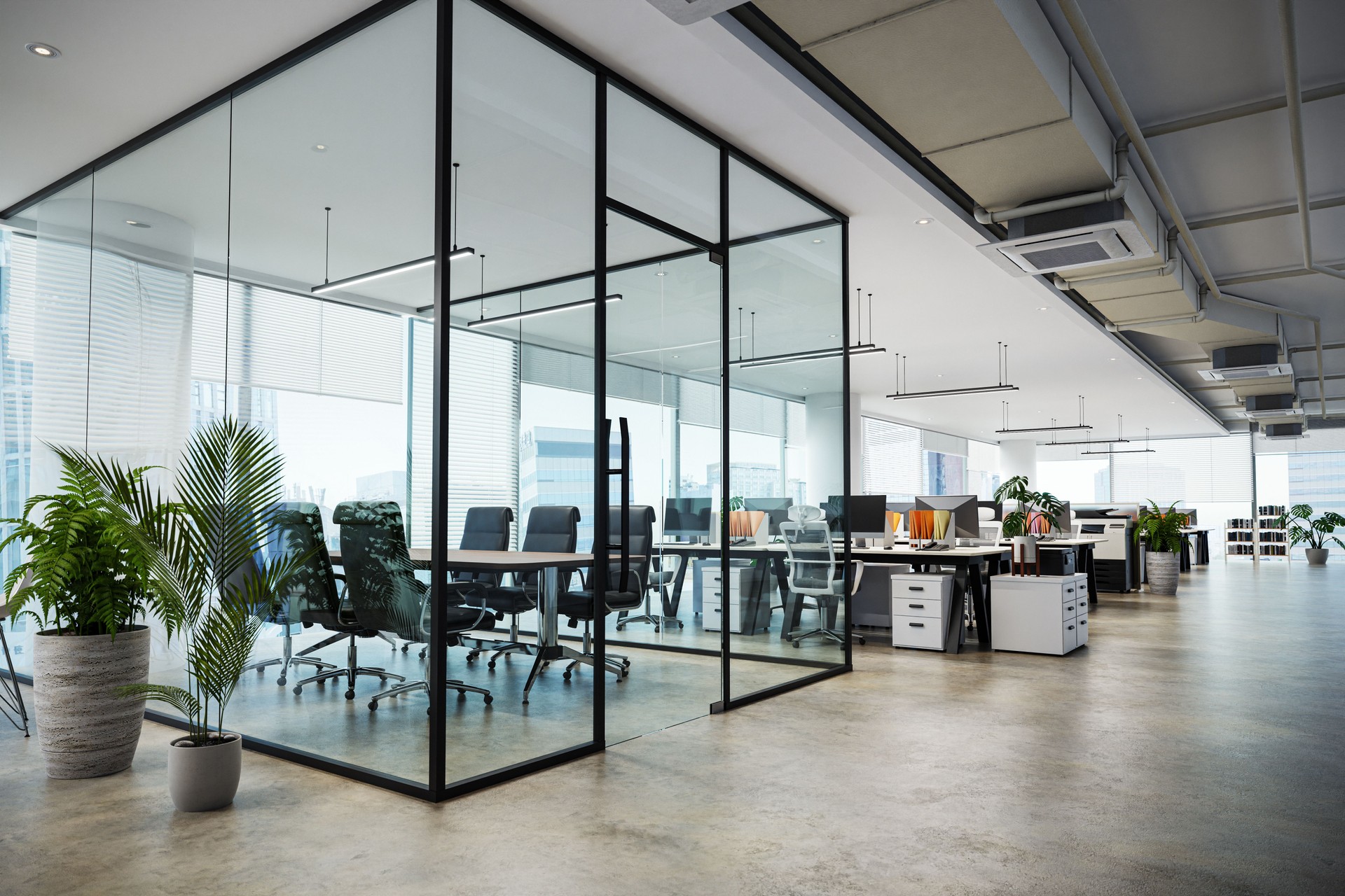 white color theme modern style office with exposed concrete floor and a lot of plant, 3d rendering