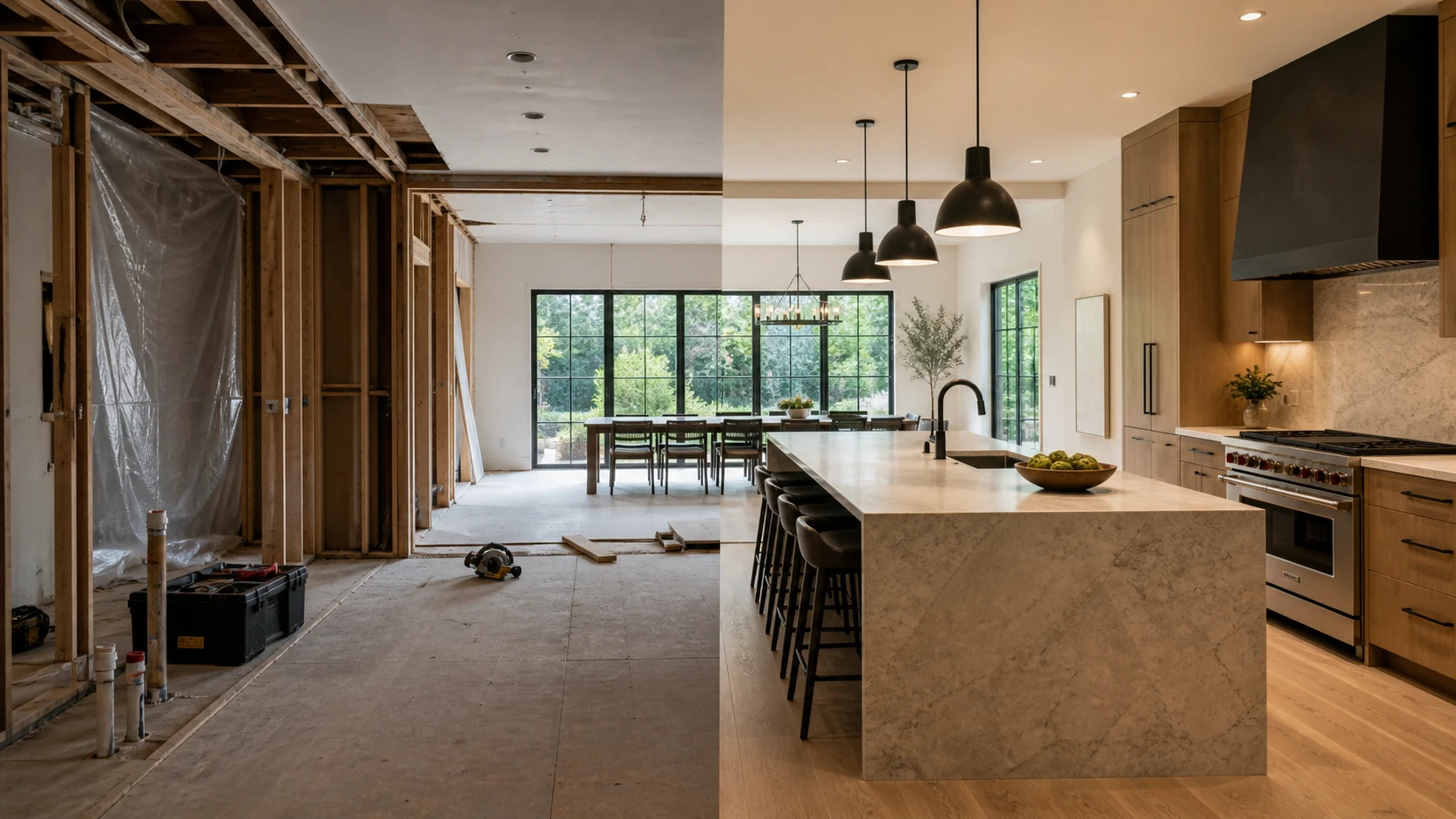 The same kitchen shown during construction on the left and fully completed on the right